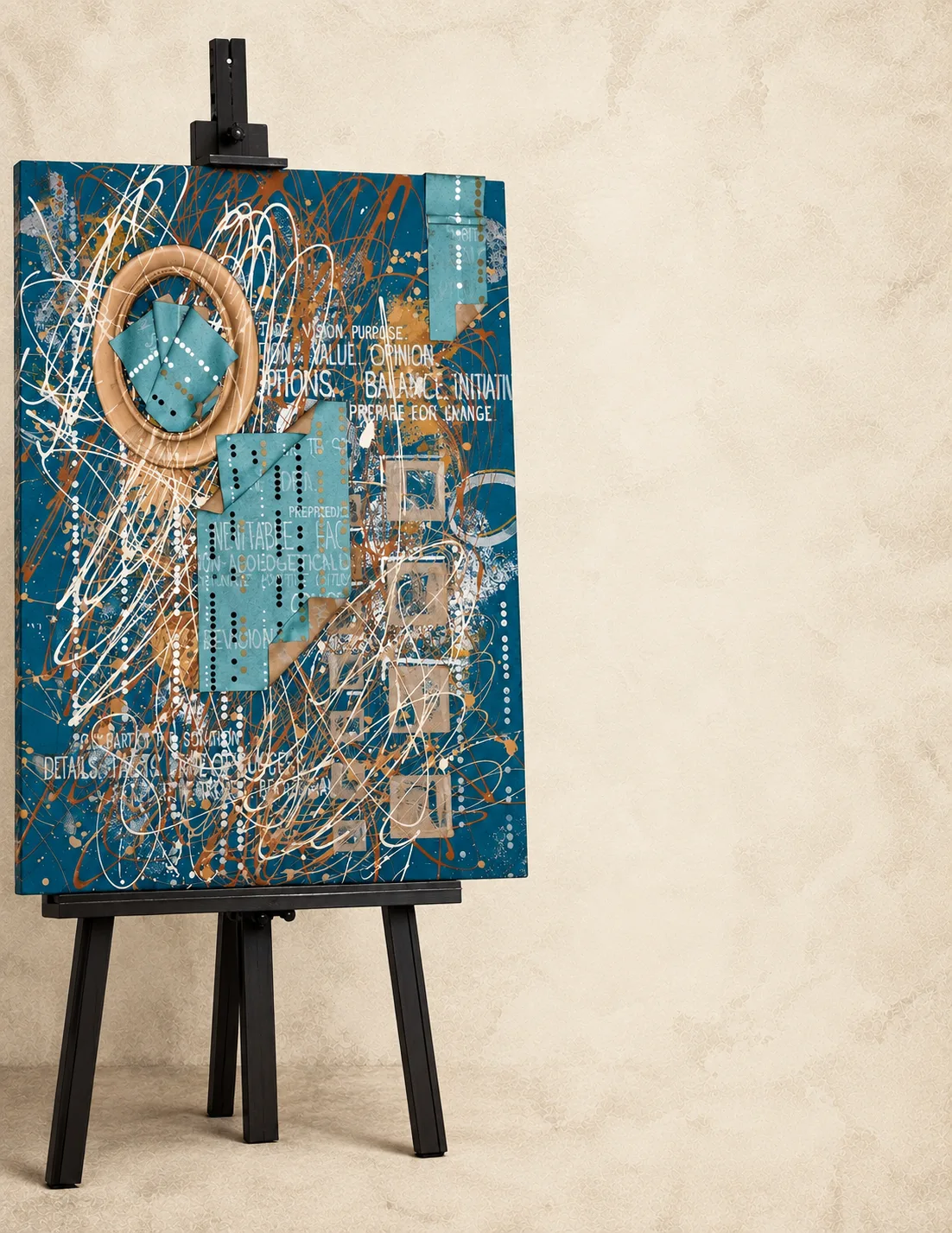 Original teal and copper mixed-media canvas displayed on an artist's easel